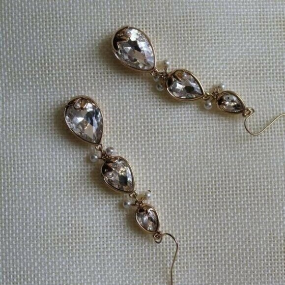 Gold-Tone Crystal & Imitation Pearl Triple Drop Earrings - Picture 3 of 7